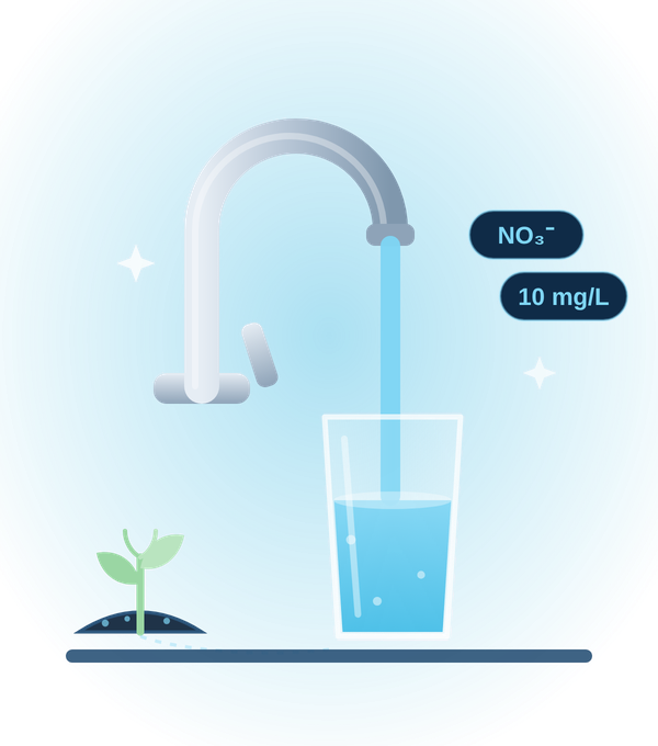 Nitrate in well water: clear water from a faucet, a seedling and the NO3 ion