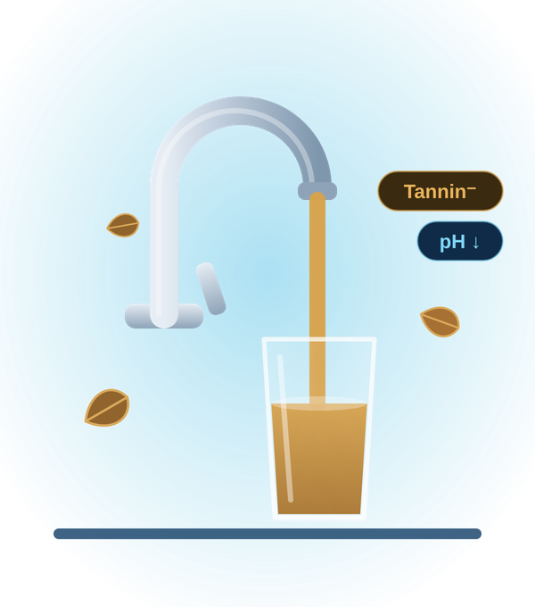 Tannins: tea-colored well water in a glass — anion exchange tannin filter
